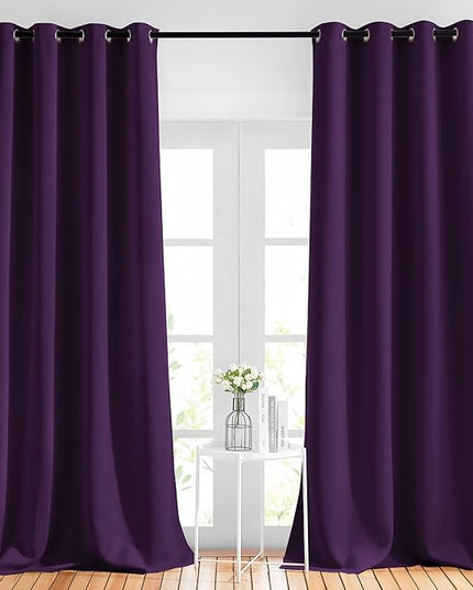 NICETOWN Blackout Royal Purple Curtains 90 inch Length - Triple Weave Energy Saving Thermal Insulated Solid Grommet Blackout Draperies for Bedroom/Living Room (1 Pair, W52 x L90)