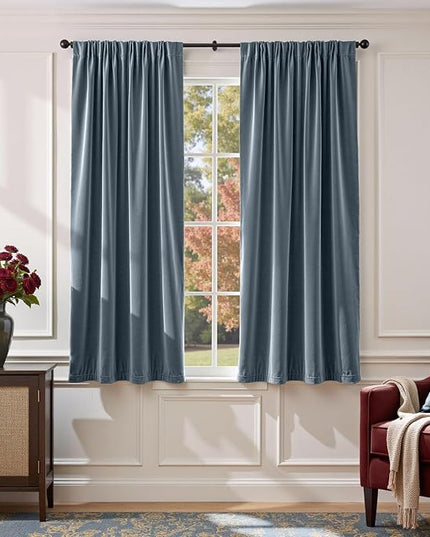 Lazzzy Velvet Blackout Curtains Thermal Insulated Room Window Drapes Super Soft Luxury Curtains for Living Room Bedroom Rod Pocket 2 Panels, Dark Slate, 52" W x 63" L