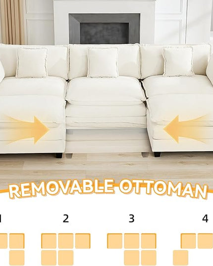 111'' Sectional Cloud Deep Seat Couch, Oversized Chenille U Shaped Sectional Sofa for Living Room Set, Comfy Upholstered Modular 5-Seats Sectional Sofa Couch with 2 Movable Ottoman, Beige