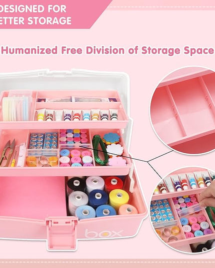 12in 3-Layer Plastic Craft Organizers and Storage, Portable Folding Tackle Box with Handle & Adjustable Dividers, Multipurpose Case for Sewing, Art Supplies, Medicine, Tools (White Pink)