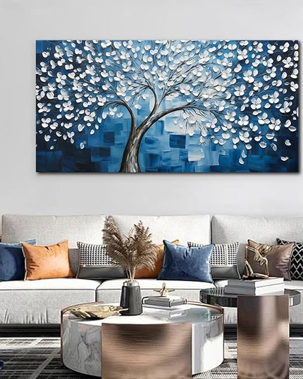 SSNEEKNDG Blue Tree of Life Wall Art for Bedroom White Flower Tree Large Artwork for Living Room Office Kitchen Modern Aesthetic Pictures Canvas Prints 29"x58"
