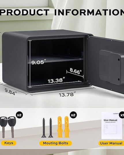 Biometric Safe for Home, 0.6 Cube Feet Auto-Open Fingerprint Safe with Touch Screen, Alarm System & Removable Shelf, Small Money Box for Cash, Jewelry, Documents, Home Office Use, Black