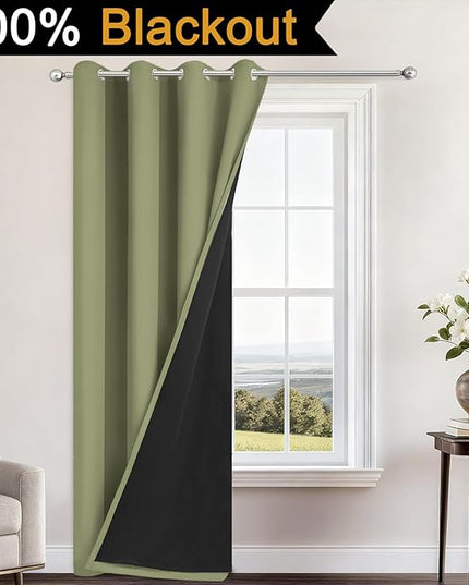 Yakamok 100% Blackout Curtains 96 Inches Long, 2 Thick Layers Heat and Full Light Blocking Soft Thermal Insulated Drapes for Bedroom(52" Wide Each Panel, Sage, 1 Panel)