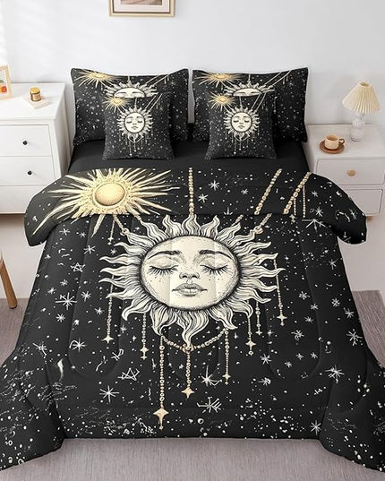 Feelyou 7Pcs Boho Star Moon Sun Comforter Sets Full Size, Sun and Moon Decor Constellation Comforter Set Bed in a Bag(1 Comforter, 1 Flat Sheet 1 Fitted Sheet 2 Pillowcases and 2 Throw Pillow Covers)