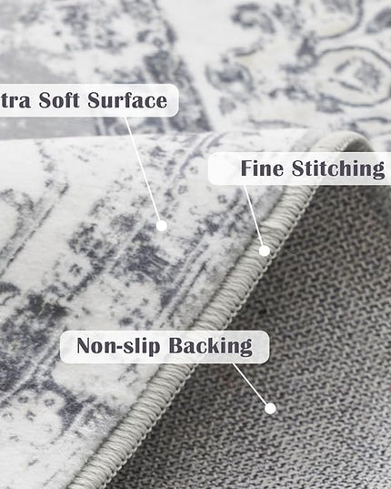 jinchan Fiora Round Rug 4ft Area Rug - Indoor Vintage Hallway Circle 4' Washable - Ultra-Thin Low Pile Soft Small Non Slip Distressed Floral Print for Living Room Dining Room Bedroom Entryway Grey