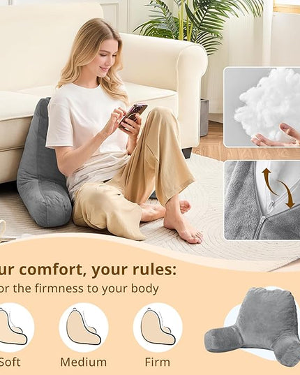 Sasttie Reading Pillows for Sitting in Bed Adult, Velvet Back Pillow Bed Sitting Up, Back-Rest Support Cushion for Sit Up on Couch, Sofa, and Floor, Dorm Essentials, Oeko-Tex Certified, Dark Grey