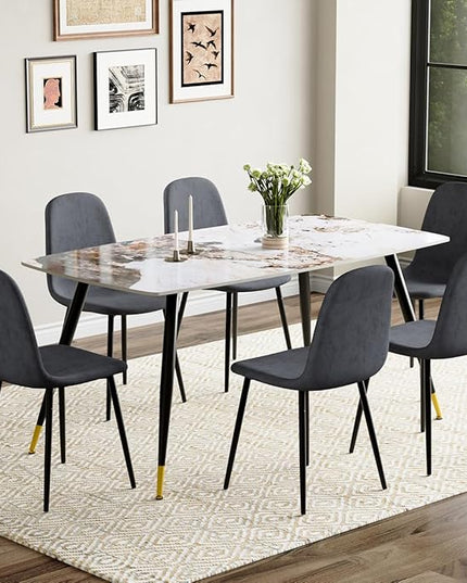 7 Piece Dining Table Set, Dinner Table Set for 6, Sintered Stone Kitchen Table Top and Modern Chairs Set of 6 for Kitchen Dining Room