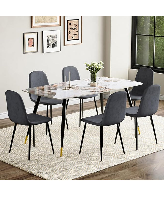 7 Piece Dining Table Set, Dinner Table Set for 6, Sintered Stone Kitchen Table Top and Modern Chairs Set of 6 for Kitchen Dining Room