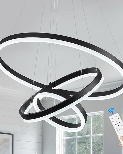 3-Rings D23.6 Modern LED Chandelier Black Dimmable Pendant Lighting with Remote Control Circular Flush Mount High Ceiling Light for Dining Room Living Room Bedroom Entrance Foyer, 3000K-6500K