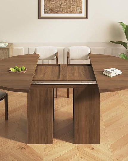 59'' Extendable Dining Table for 4-8, Round Kitchen Room Table with 3-Tier Storage Racks, Adjustable Shelves, Wooden Pedestal Base, for Kitchen, Dinner, Living Room, Office, Walnut