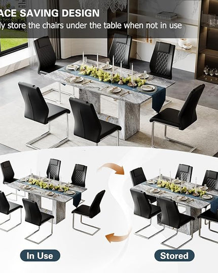 Dinner Table Set for 6, 7 Piece Dining Table Set with Chairs, 63" Faux Marble Modern Table with 6 PU Leather Upholstered Chairs, for Kitchen & Dining Room