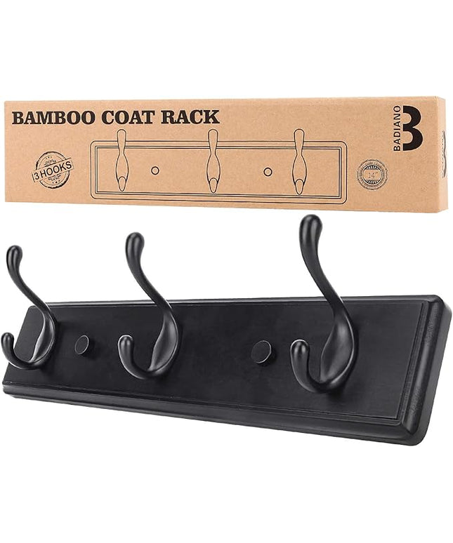 Wooden Coat Rack, Wall-Mounted Organizer for Closet, Entryway, Hallway, Foyer, Bedroom, Heavy Duty Double Hooks for Hanging Towels, Bags, Hats, Jackets, Key (Black, 3 Hooks)