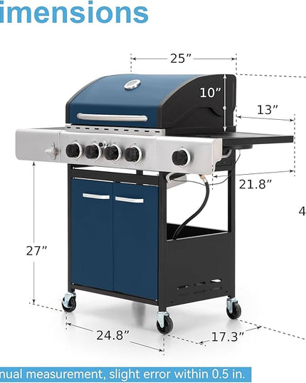 GREEN PARTY 4 Burner BBQ Propane Gas Grill with Side Burner & Porcelain-Enameled Cast Iron Grates, 545 SQIN Grilling Area 42,000 BTUs Barbecue Grill for Outdoor Cooking Garden Patio Backyard, Blue