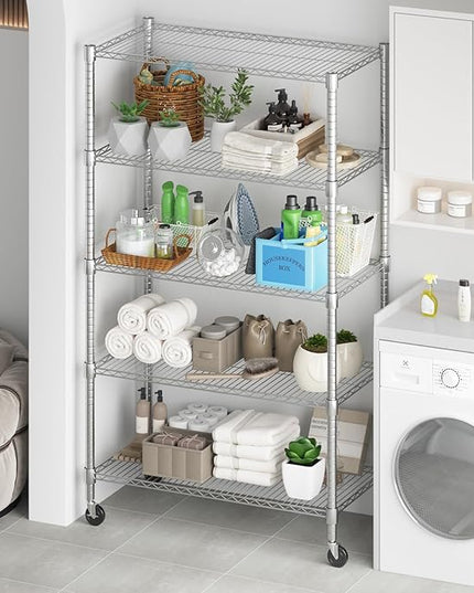 Himimi 5-Tier Heavy Duty Steel Wire Rack Storage Shelving, Adjustable Metal Storage Shelves with Wheels, 82''H Wire Shelf for Kitchen Garage Basement Pantry Organization, 18" D×36" W×82" H-Silver
