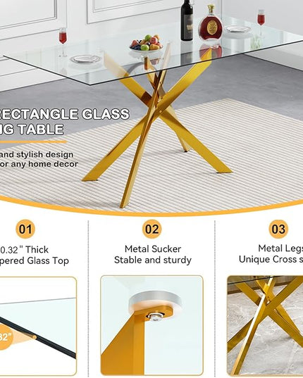 5 Piece Glass Dining Table Set, Glass Kitchen Dining Room Table Set for 4, 61" Modern Rectangular Gold Glass Metal Dining Table with 4 Black PU Leather Dining Chairs for Kitchen Dining Room