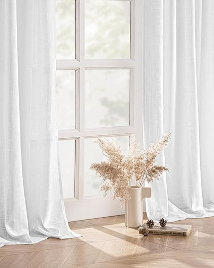 MIULEE White Linen Curtains 84 Inches Long 2 Panels for Bedroom Living Room, Soft Linen Textured Back Tab Window Drapes Semi Sheer Light Filtering Rod Pocket Modern Farmhouse Decor 37x84 Inch
