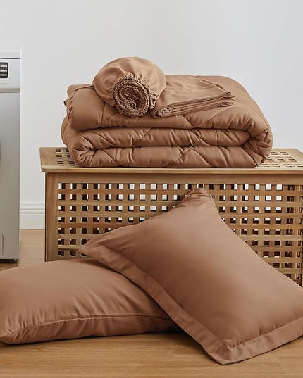 Love's cabin Twin Comforter Set Mocha Mousse, 5 Pieces Twin Bed in a Bag, All Season Bedding Sets with 1 Comforter, 1 Flat Sheet, 1 Fitted Sheet, 1 Pillowcase and 1 Pillow Sham