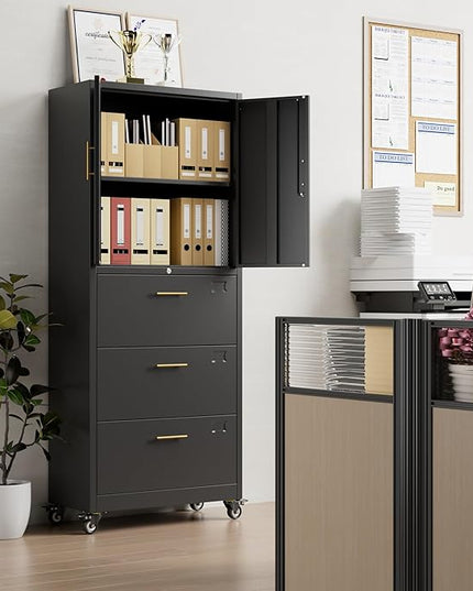 METAN Metal File Cabinet with 3 Drawers and 1 Shelves,Office Filing Cabinet on Wheels with Lock,Office Storage for Letter/Legal Size,Assembly Required,Black