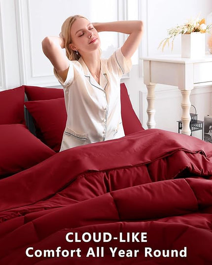 CozyLux Queen Comforter Set Dark Red, 7 Pieces Bed in a Bag, Red Comforter Queen Size, All Season Bedding Sets with Stitch Quilted Comforter, Flat Sheet, Fitted Sheet, Pillowcases