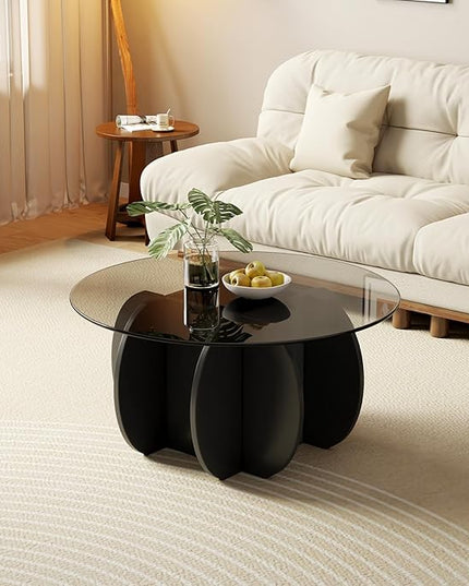 Coffee Table for Living Room Mid Century Modern Round Center Table with Glass Top, Black