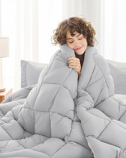 MUXHOMO 5 Pieces Twin XL Comforter Set, Reversible Bed in a Bag Twin XL Size, All Season Bedding Set with Comforter, Flat Sheet, Fitted Sheet, Pillowcases & Shams, Light Grey & Beige
