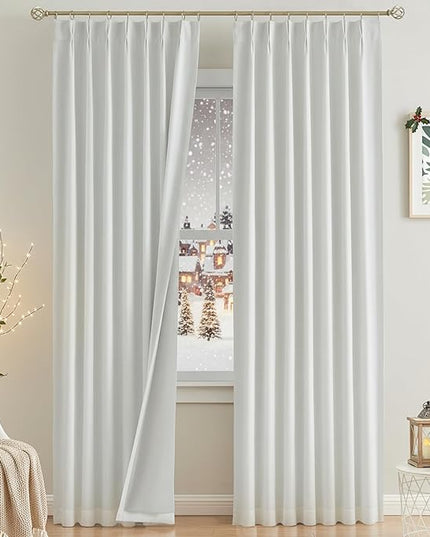 Vision Home White Pinch Pleated Full Blackout Curtains Thermal Insulated Window Curtains 90 inch for Living Room Bedroom Room Darkening Pinch Pleat Drapes with Hooks Back Tab 2 Panel 40" Wx90 L