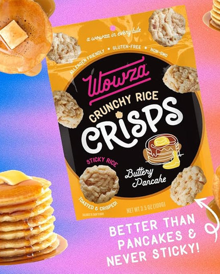 Wowza Buttery Pancake - Healthy Snacks, Mini Rice Cakes, Sticky Rice Crunchy Snack, Low Calorie, Savory Rice Crisp - Ideal Healthy Snack for Adults & Kids, 3.5 oz Bag, 8 Pack