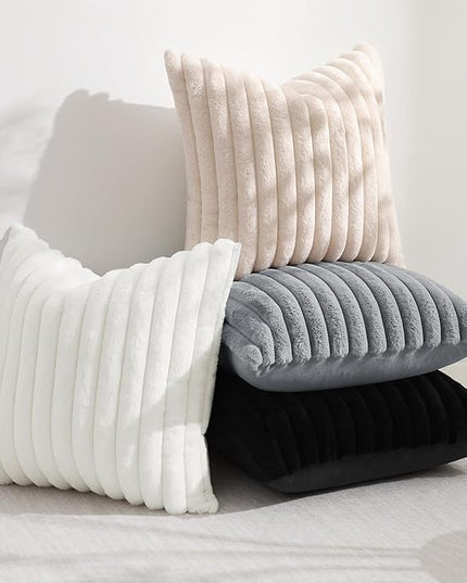 decorUhome Faux Fur Spring Throw Pillow Covers 20x20 Set of 2, Decorative Soft Plush Striped Neutral Couch Euro Pillow Covers with Velvet Back for Sofa, Bed, Living Room Home Decor, Black