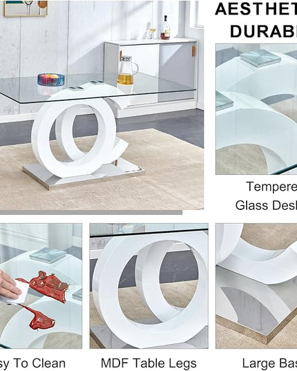 Ebullient Glass Dining Table Set for 4 ，5 Piece Dining Table Set,Tempered Glass Table Top，White Modern Dining Room Table with 4 PU Leather Ergonomic Dining Chairs