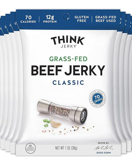 Think Jerky Classic Beef Jerky, Grass-Fed High Protein Beef, Gluten Free, No Antibiotics or Nitrates, Healthy Chef Crafted Recipe, Low Calorie and Low Fat - 1.0 oz Bags, 12 Pack