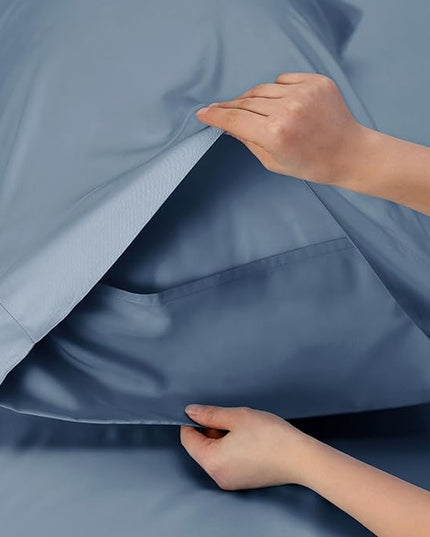 Bedsure Queen Sheet Set, Cooling Sheets for Queen Size Bed Set, Rayon Derived from Bamboo, Breathable & Soft, Deep Pocket, Hotel Luxury Silky Bedding for Hot Sleepers, Dusty Blue