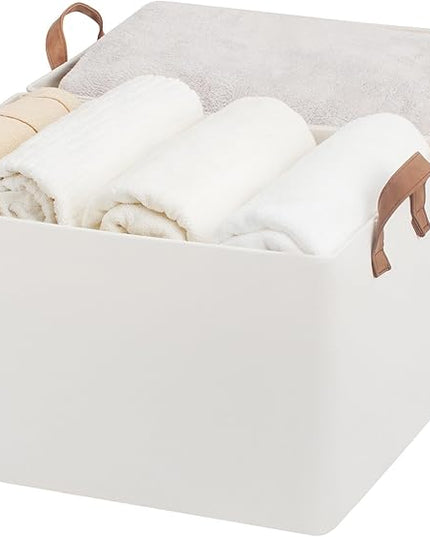 StorageWorks 45L Extra Large Fabric Storage Bins with PU Handles, Storage Baskets for Organizing, Large Laundry Basket, 2-Pack, Beige, 19" L X 13.25" W X 11" H
