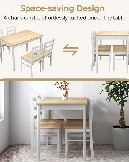 Tangkula Dining Table Set for 4, Solid Wood, Farmhouse Dinette Set w/Rubber Wood Legs, Compact Dining Table and Chairs Set for Kitchen, Dining Room (Natural+White)