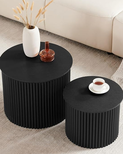 Small Fluted Round Nesting Coffee Table Set of 2, Mid Century Modern Coffee Table Circle Side Table, Wood Nesting Table Farmhouse End Tables Set for Living Room, Bedroom, Small Spaces(Black