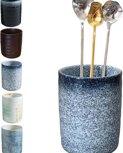 Stoneware Coffee Bar Utensil Holder Tea & Coffee Spoon & Stirrer Holder for Stir Stick Straw Teaspoon Holder Spoon Cup Small Utensil Jar (Stone Blue)