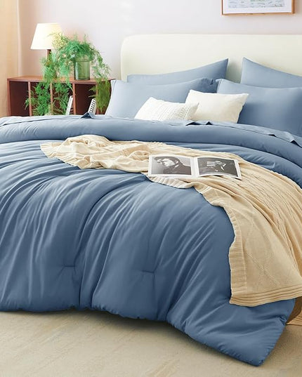 CozyLux Queen Comforter Set Grayish Blue, 7 Pieces Bed in a Bag Queen Comforter Set with Sheets, Bedding Sets with Down Alternative Comforter, Fitted Sheets, Flat Sheets, Pillow Shams and Pillowcases