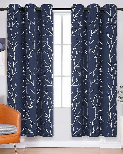 BUHUA Blackout Curtains 2 Panels Set Small Window Grommet Top Window Drapes Room Darkning Short Curtains Shinny Tree Branches Print Pattern 52W x 45L, Navy Blue