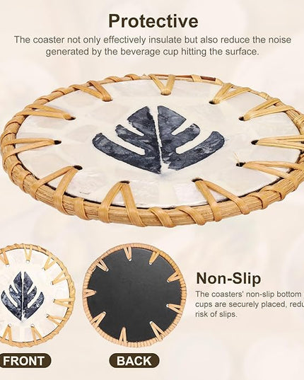 uxcell 2Pcs Handmade Woven Rattan Coasters, Heat-Resistant Drink Coasters for Coffee Table Dining Room Kitchen Coffee Wine Decor, Deep Blue Leaf