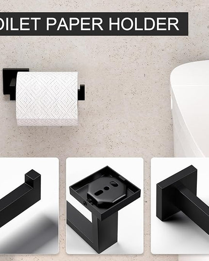5-Piece Matte Black Bathroom Accessories Set, SUS304 Stainless Steel Wall Mounted 16 Inch Hand Towel Bar, Toilet Paper Holder, Towel Ring, Towel Hooks, Bathroom Hardware Set, Towel Bar Set
