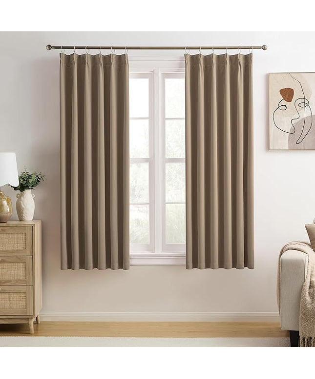 KEQIAOSUOCAI Blackout Bedroom Curtains 63 Inches Long, Thermal Insulated Short Pinch Pleated Vertical Drapes for 62 Inch Home Office/Bay Windows/Basement(Cappuccino,40"x63"x2 Panels)