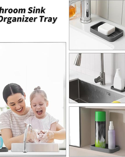 Silicone Kitchen Sink Organizer Tray for Multiple Usage,Easy Clean Sponges Holder for Kitchen Bathroom Counter or Sink,Dish Soap Dispenser,Scrubber,Bottle,Cup Grey 4.9”x 3.2”