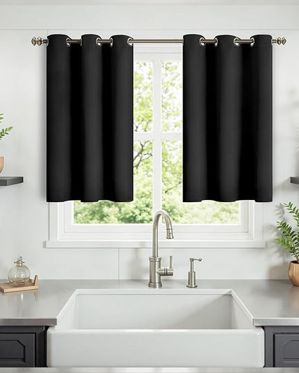 YoungsTex Black Blackout Kitchen Curtains 36 Inches Long - Small Half Drapes with Grommet Thermal Insulated Privacy for Cafe Bathroom Windows, 2 Panels, 34 X 36 Inch