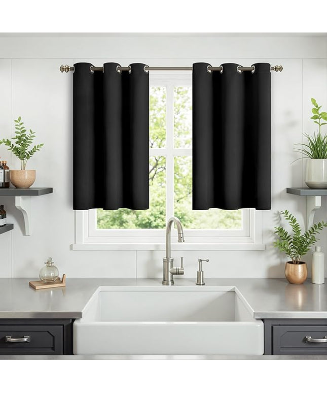 YoungsTex Black Blackout Kitchen Curtains 36 Inches Long - Small Half Drapes with Grommet Thermal Insulated Privacy for Cafe Bathroom Windows, 2 Panels, 34 X 36 Inch