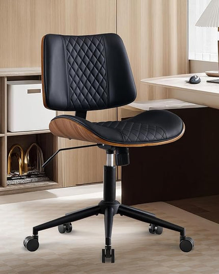 BV Small Desk Chair, Mid Century Office Chair with Bentwood Back, Armless Task Swivel Chair with Wheels, Mid Back No Arms, Faux Leather Office Chairs for Small Space, Black