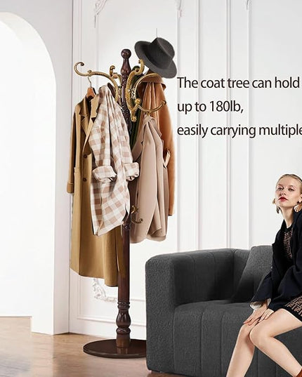 Coat Rack Freestanding, Wooden Coat Tree with Stable Round Base, Vintage Heavy Duty Coat Rack Stand with 14 Hooks, Coat Hanger Stand for Bedroom, Office, Entryway (Vintage)