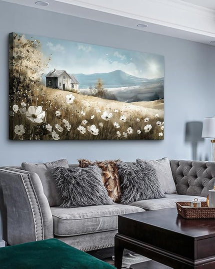 Wapluam Canvas Wall Art For Living Room Large Wall Decor For Bedroom Field Scenery Watercolour Flowers Wall Paintings Office Decorations Old House Pictures Artwork Home Decor Ready To Hang 48L x 24W