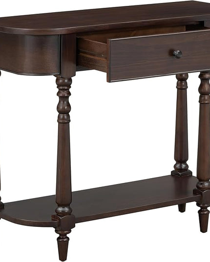 HMFULE Retro Curved Console Table, 36" Solid Wood Half Moon Console Table Sofa Table Entryway Table with 1 Drawer 1 Open Shelf Roman Legs Curved Corners for Living Room,Entryway,Hallway,Espresso