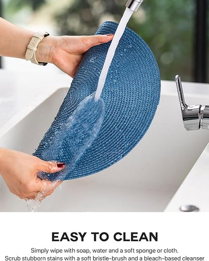 Round Placemats Set of 8 Plastic Woven Placemats Washable Wipeable Table Mats for Dining Table Heat Resistant Non-Slip Circle Place Mats (Royal Blue)