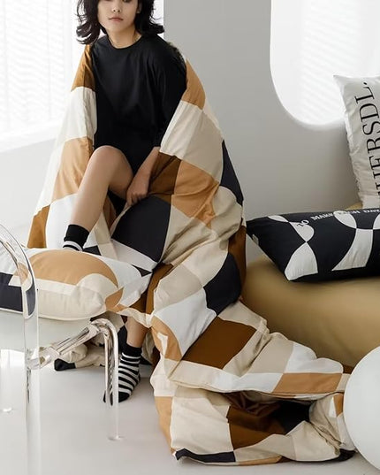 Luxlovery Beige Brown Plaid Comforter Set King Checkered Bedding Set Grid Geometric Blanket Quilts Soft Breathable Buffalo Modern Abstract Comforter for King Bed