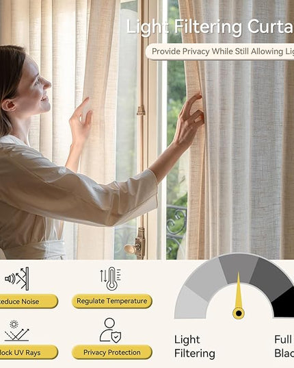 Pinch Pleated Linen Curtains 102 Inches Long - Light Filtering Curtains for Living Room, Semi Sheer Window Curtains for Bedroom, Luxury Pinch Pleated Drapes with Hooks and Rings, Natural, 2 Panels Set